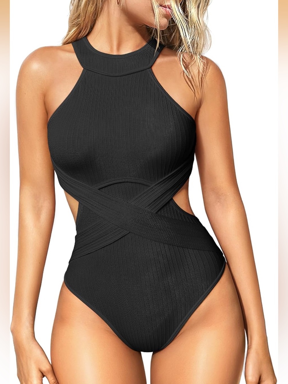 OQQ NWT Women's One Piece Swimsuit Tummy Control Cross Wrap Tie Back Black Large